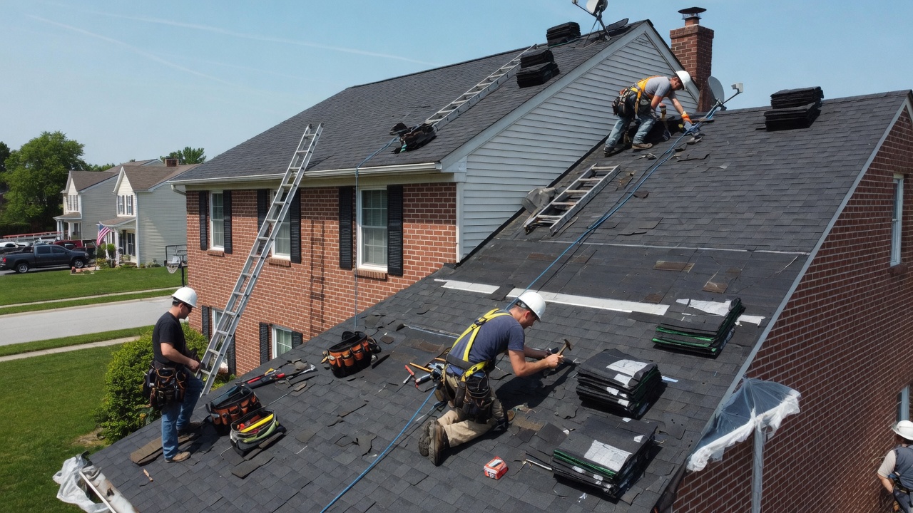 Roofing crew installing shingles on a residential roof