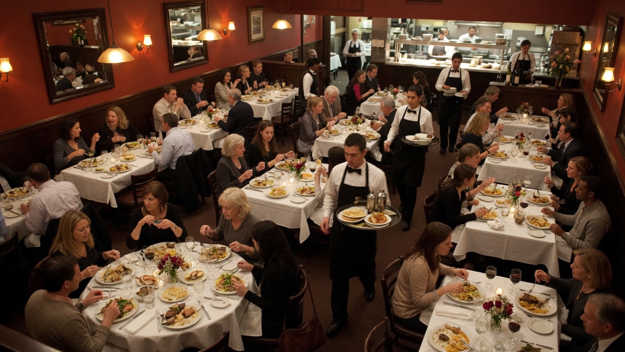 Packed restaurant dining room at peak service