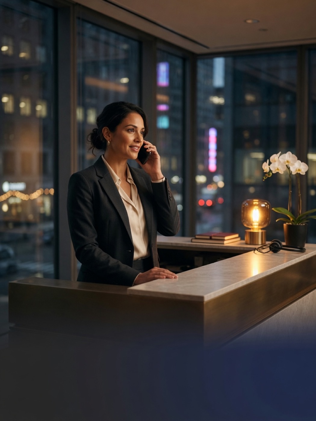 Professional answering a live after-hours call at a modern reception desk